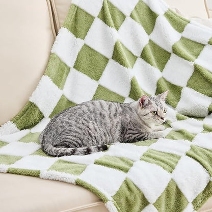 Qeils Jacquard Dog Blankets for Small Dogs, Cozy Calming Blanket for Indoor Cats, 280GSM Coral Fleece Plush Fluffy Throw Blanket, Sage Green Checkered, 25x30IN
