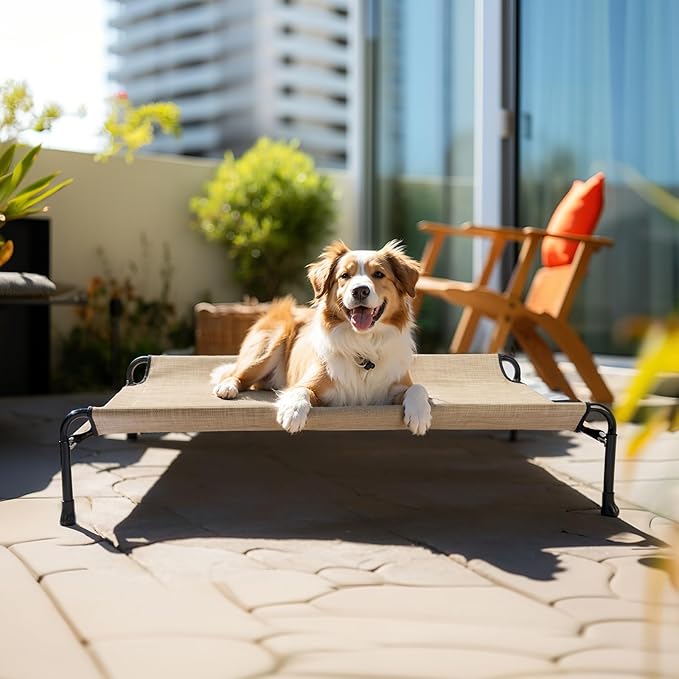 Veehoo Cooling Elevated Dog Bed, Raised Dog Beds for Large Dogs, Outdoor Dog Bed with Guardrail, Upgraded Non-Slip Feet, Breathable Teslin Mesh, Portable Camping Dog Cot, Large, Beige Coffee, CWC2404