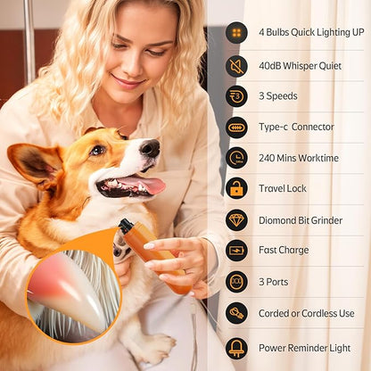 YABIFE 4-Lights Dog Nail Grinder, Easy Quick Locate Dog Nail Trimmers, for Puppy Paw Toenails or Pets from Small, Medium to Large, with Travel Lock, Whisper Quiet, Heavy Duty 3 Speeds