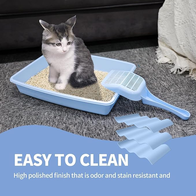 PAWISE Small Cat Litter Box, Kitten Litter Box Starter Kit, Low Entry Baby Catty Training Litter Box with Scoop, Bowls,Cat Mouse Toy and Cat Ball Toy,First Kitten Owner Essentials (Blue)