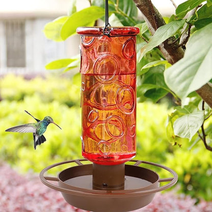 Juegoal Glass Wild Bird Waterer, 28 oz Wild Bird Feeder for Outdoors, Water Cooler with Metal Handle Hanging for Garden Tree Yard Outside Decoration, Red