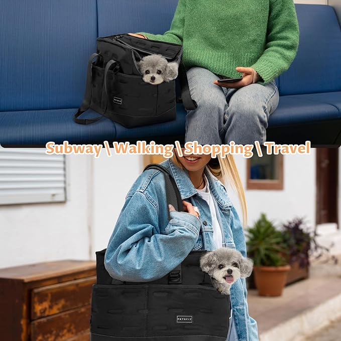 Petsfit Small Dog Purse Carrier, Portable Pet Carrier Tote Cat Carrier with Adjustable Safety Leashs, Pocket, Poop Dispenser, Waterproof TPU Bottom, Black