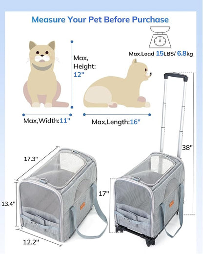 Morpilot Dog Carrier with Wheels Pet Carrier Airline Approved, Cat Carrier with Wheels Large for 2 Cats, Rolling Puppy Stroller Detachable and Foldable Pet Travel Bag Gray