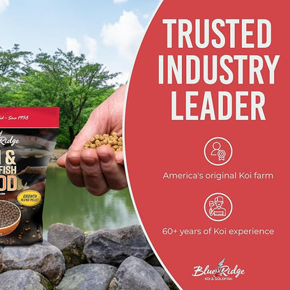 Blue Ridge Koi Fish Food 5lb - Koi Food 3/16” Large and Mini Blend Growth Formula, Goldfish Food, Premium Fish Food for Ponds, Ponds Fish Food, Floating Pond Pellets