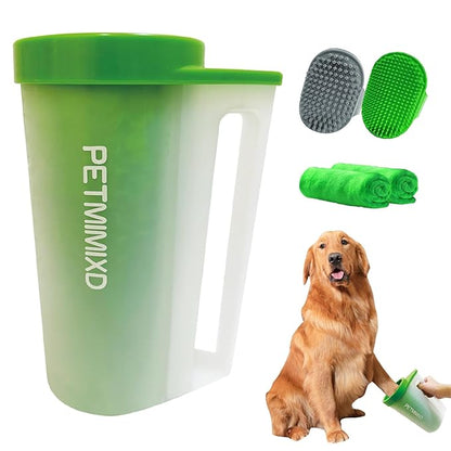 Dog Paw Cleaner Brush with Handle, Green, Large (for Medium Large Breed Dogs, Includes 2 Absorbent Towels & 2 Adjustable Dog Bath Brushes for Short and Long Hair Pet)