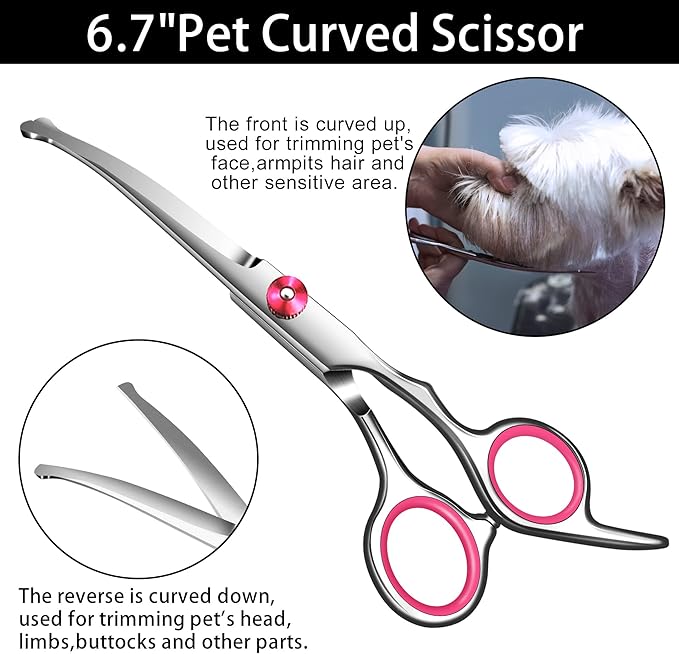 Dog Grooming Scissors with Safety Round Tip Pet Grooming scissors Kit Dog Shears kit Incudes Thinning Curved Straight Grooming Scissors Nail Clippers Nail File and Comb for dogs cats