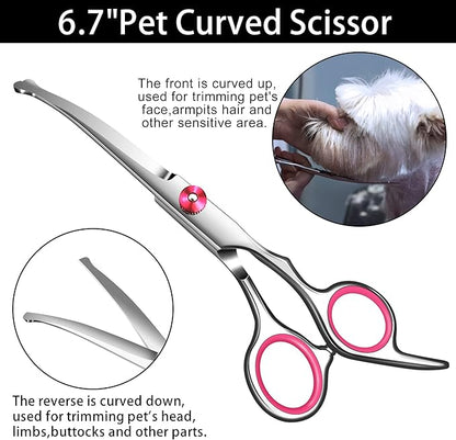 Dog Grooming scissors Kit,Includes Curved Thinning straight scissors and Comb, Dog Grooming Shears with Safety Round Tips,pet Grooming kit for Small Dogs&Puppies