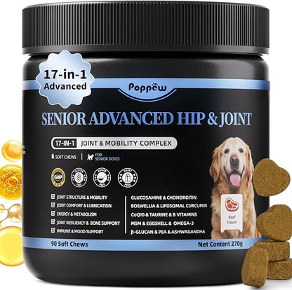 Senior Dog Joint Supplement, 17-in-1 Glucosamine for Dogs with Chondroitin, MSM, Pea, CoQ10, Omega-3, Hip and Joint Chews for Dogs – Beef Flavor – 90 Soft Chews – for All Breeds & Sizes