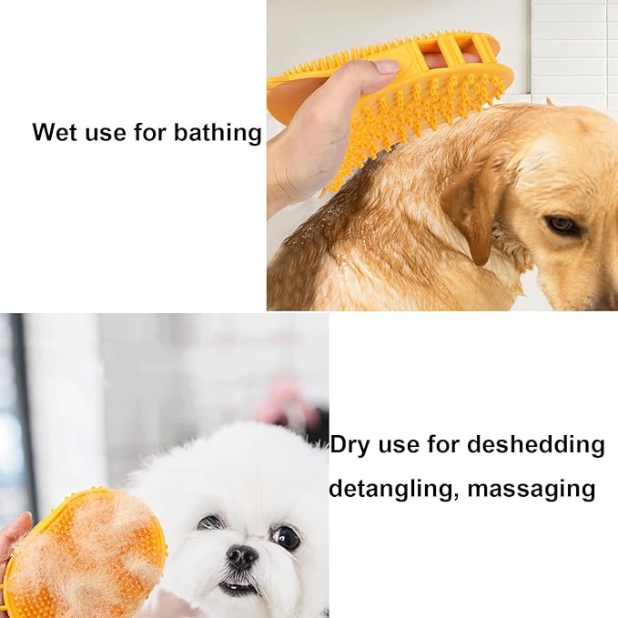 Dog Grooming Shampoo Brush, Pet Soothing Massage Rubber Bristles Curry Comb, Bath Gloves for Dogs and Cats Washing, Double-Sided Available, Yellow