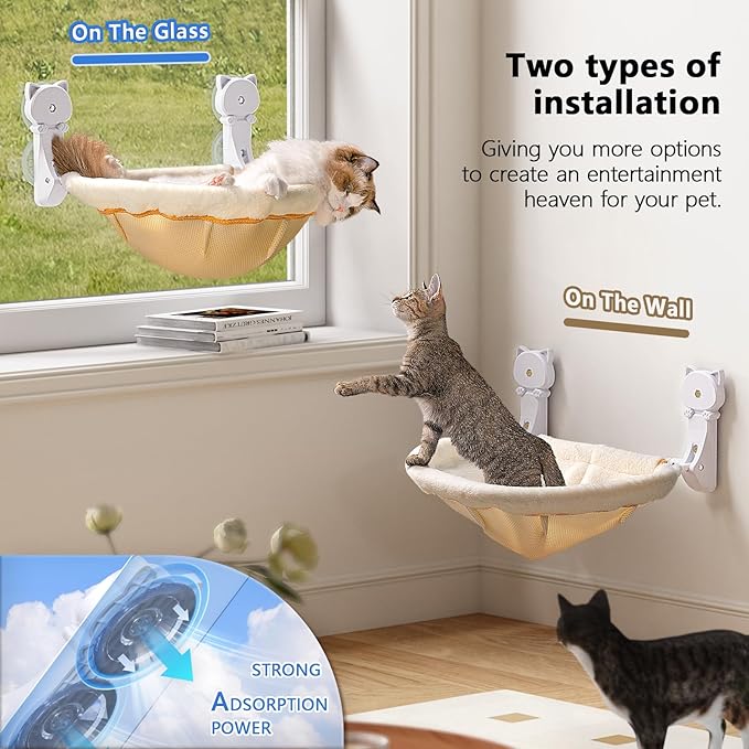 Cat Window Perch Cordless, Foldable & Stable Cat Beds- Breathable Cat Window Hammock for Overlooking, Sunbathing and Climbing - Maximum Hold Up to 40lb