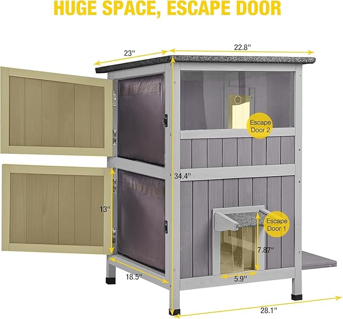 Aivituvin Outdoor Heated Cat House, Two-Story Feral Cat Shelter, Wooden Cat Condos, Weatherproof Cat Enclosure for Winter with Escape Doors