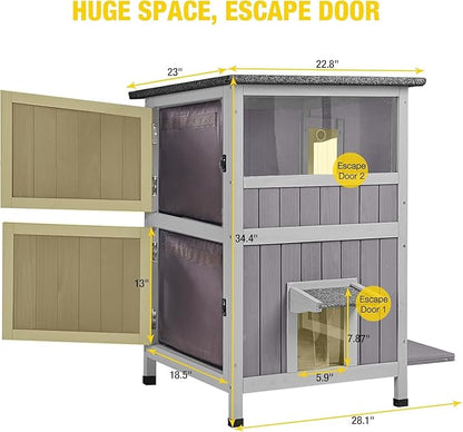 Aivituvin Outdoor Heated Cat House, Two-Story Feral Cat Shelter, Wooden Cat Condos, Weatherproof Cat Enclosure for Winter with Escape Doors