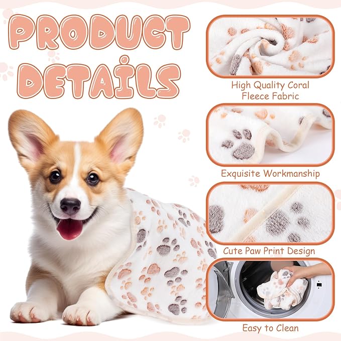 Chumia 40 Pcs Blankets Soft Fluffy Fleece Washable Pet Dog Sleep mat Paw Print Pattern Fleece Blankets for Pets Throw Warm Bed Mat for Dog Puppy Cat(24 x 16 Inch,White)