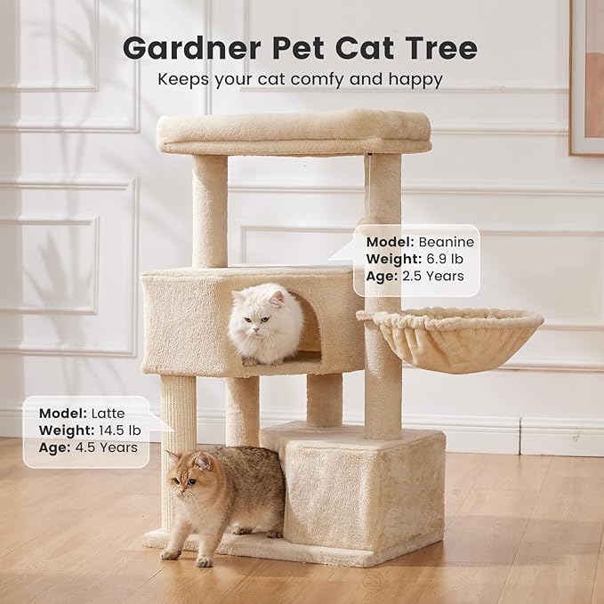 Gardner Pet 41" Tall Cat Tree for Large Cats, Heavy Duty Cat Tower with 3.2in Posts & Washable Top Perches, Space-Saving Cat Furniture with Replaceable Natural Sisal for Apartments, Easy to Assembly