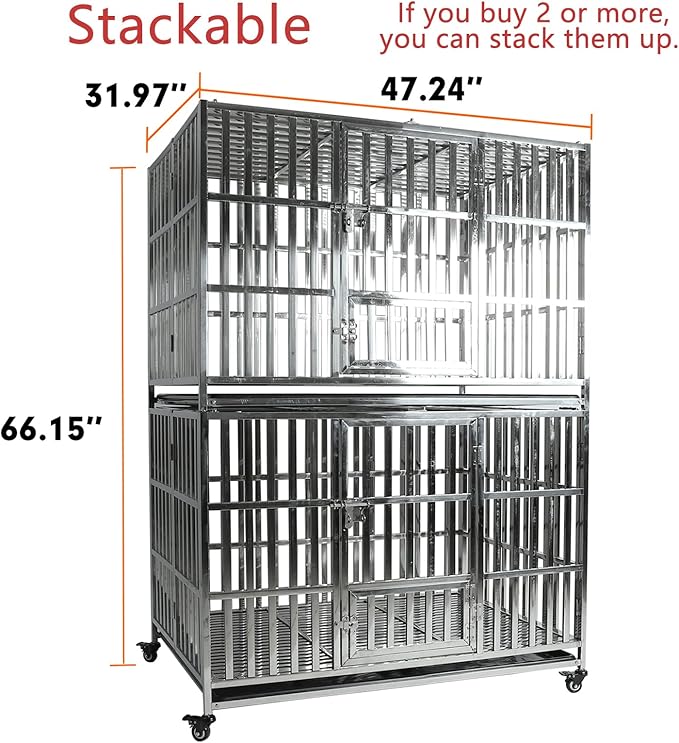 47" Dog Crate Stainless Steel Stackable Heavy Duty Pet Kennel Foldable Indestructible Dog Cage XL Playpen with Lockable Rolling Wheels, Double Door and Removable Tray for Large Dogs