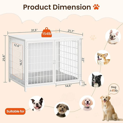 Dog Crate Furniture with Cushion, Wooden Dog Kennel with Double Doors, Heavy Duty Dog Cage for Small/Medium/Large Dogs, Indoor Dog House End Table, 31.5" L, White DCBW0701