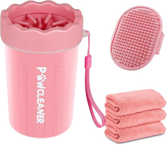 Dog Paw Cleaner for Dogs, (with 3Pcs Absorbent Towels & Adjustable Dog Bath Brush) Dog Paw Washer,Buddy Muddy Pet Foot Cleaner (Pink, Medium)