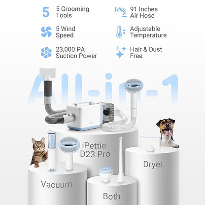 iPettie D23 Pro Pet Grooming Kit for Dogs: Vacuum Dog Brush and Dog Trimmer Vacuum  95°F-140°F Adjustable Temperature, Adjustable Wind Speed, 23000 PA Suction for All Pet Grooming Needs