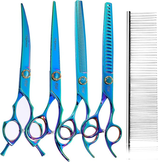 7.5'' Dog Scissors Set for Grooming 440C Stainless Steel Green Professional Pet Trimming Scissors Sharp Blades Cutting for Dogs and Cats Shears