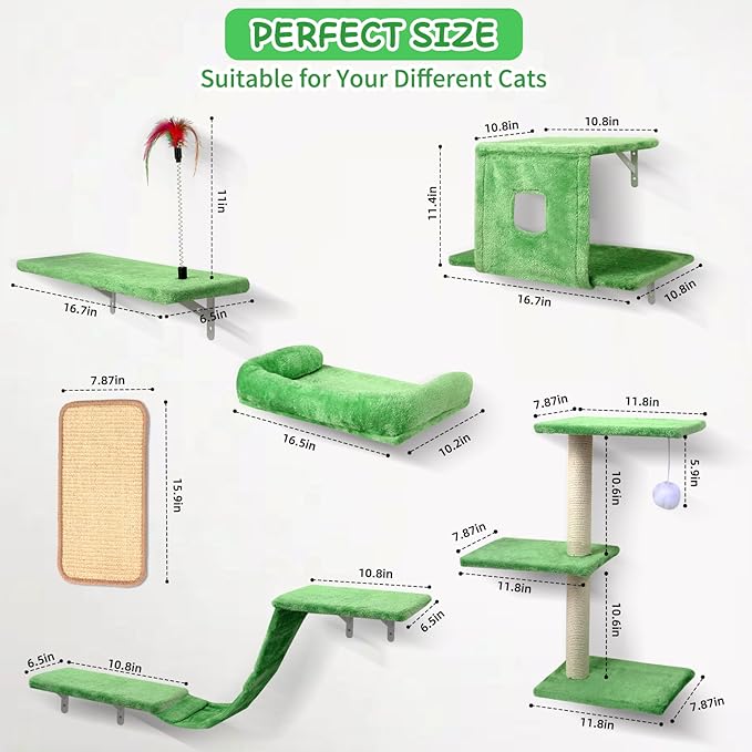 Cat Wall Shelves, 6 in 1 Cat Wall Furniture Set with Condos House, Bed, Bridge, Tree, Steps, Scratching Board, DIY Walls Playground for Indoor (Green)