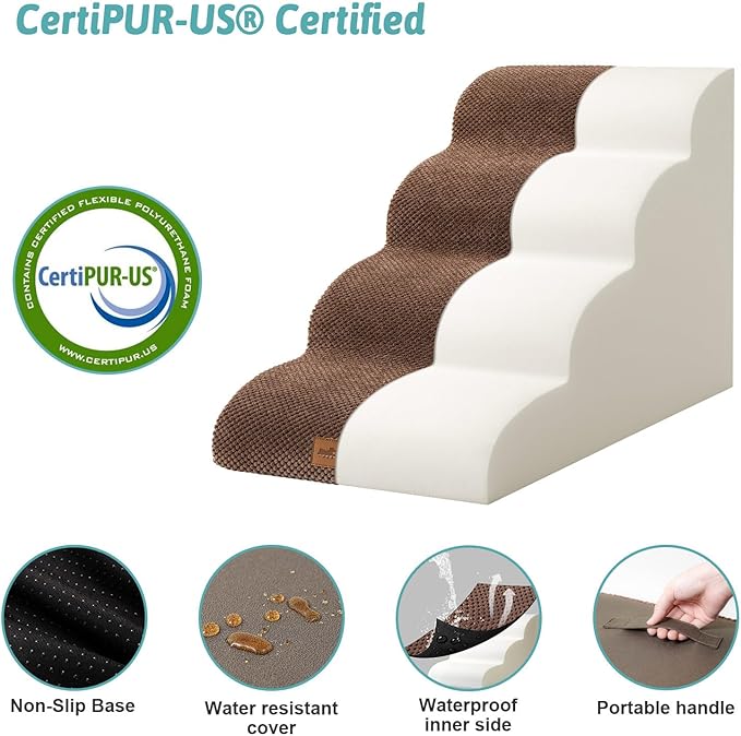 Dog Stairs for Small Dogs 19.7" H, Pet Step with Leakproof Cover, High Density Foam Cat Ramp for Bed, Couch or Sofa, Lightweight, Durable, Comfort, 15.7x28.3x19.7 inch, 4 Tiers, Brown