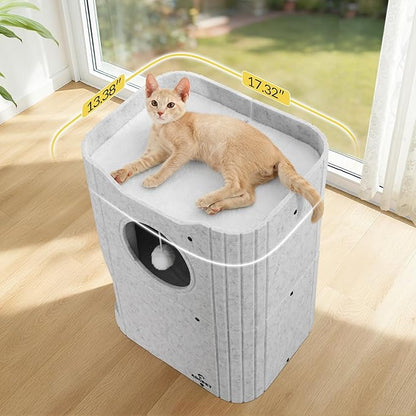 Cat House for Indoor Cats Large Cat Bed Cave 2-Storey Cats Condo with Cozy Felt Covered Hideaway for Multiple Pets Light Grey