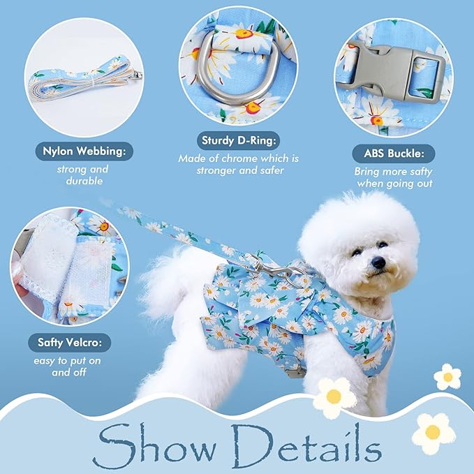 Dora Bridal 2 Pack Dog Dress Harness Vest with Leash, No Pull Cat Small Medium Girl Pet Floral Harness Leash Set, Cute Puppy Fruit Outfit Clothes with Bow, Mesh Princess Costume for Outdoor Walking