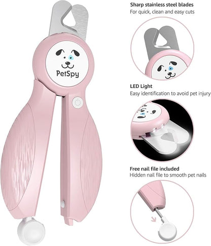 Newest Dog Nail Clippers with LED Guide Light, Professional Claw Care Pet Nail Clipper & Trimmer with Nail File, Razor Sharp Blades, Home Grooming Tool Kit for Animals (Pink)