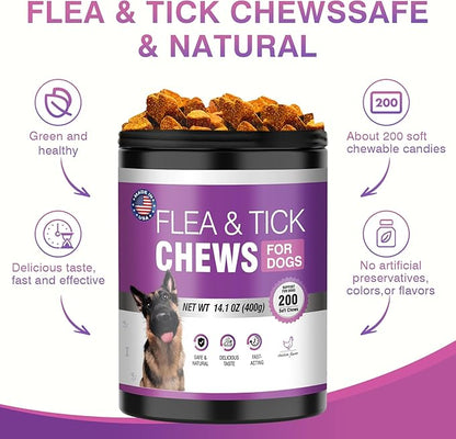 Dog Flea and Tick Treatment Chewable 200 Treatment Chews Natural Soft Chew Fleas Ticks Treatment Dog Oral Chewables Support Supplement Breeds and Ages Dogs Chicken Flavor