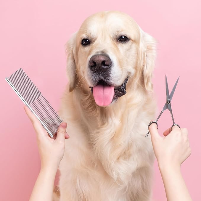 Metal Dog Comb Pet Steel Dematting Comb, Metal Cat Comb Detangler Flea Comb Doodle Brush for Removing Tangles and Knots, Professional Grooming Matting Tool for Long Haired Dogs, Cat and Other Pets