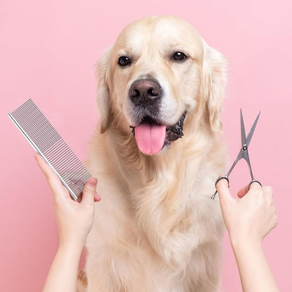 Metal Dog Comb Pet Steel Dematting Comb, Metal Cat Comb Detangler Flea Comb Doodle Brush for Removing Tangles and Knots, Professional Grooming Matting Tool for Long Haired Dogs, Cat and Other Pets