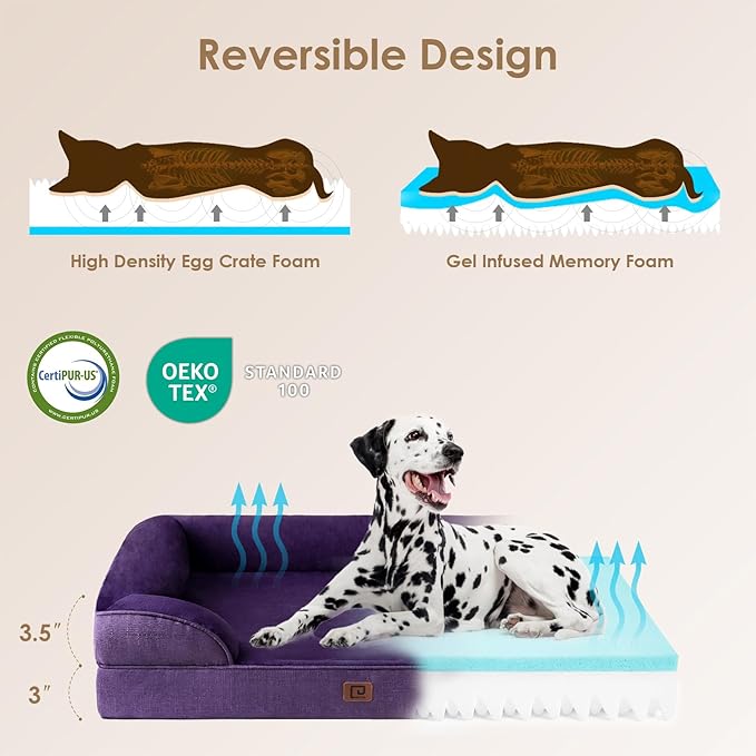 EHEYCIGA Orthopedic Dog Beds for Extra Large Dogs, Waterproof Memory Foam XXL Dog Bed with Sides, Non-Slip Bottom and Egg-Crate Foam Big Dog Couch Bed with Washable Removable Cover, Purple
