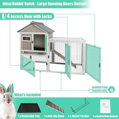 46.5" L Rabbit Hutch Indoor Outdoor Rabbit Cage with Run, Pull Out Tray, Asphalt Roof Large 2 Story Bunny Hutch Wooden Chicken Coop Guinea Pigs Pet House Cage for Small Animals,Grey