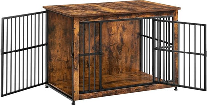 Feandrea Dog Crate Furniture, 38.6" Side End Table, Modern Kennel for Dogs Indoor up to 70 lb, Heavy-Duty Dog Cage with Enclosed Base, Double-Door Dog House, Rustic Brown UPFC023X01