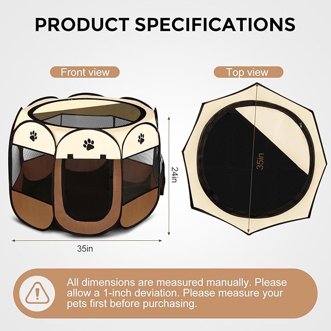 Pet Dog Puppy Playpen Dog Cat Tent Crates, Foldable Exercise Kennel Portable Playpen for Small Medium Dogs/Cats/Rabbits, Indoor Outdoor Travel Camping Use with Removable Zipper Top Brown