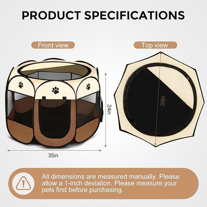 Pet Dog Puppy Playpen Dog Cat Tent Crates, Foldable Exercise Kennel Portable Playpen for Small Medium Dogs/Cats/Rabbits, Indoor Outdoor Travel Camping Use with Removable Zipper Top Brown