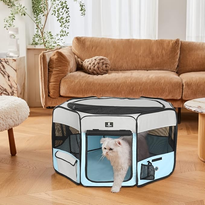 X-ZONE PET Dog Playpen Portable Pet Play Pens for Puppies, Cat, Rabbit, Chicks, Foldable Exercise Play Tent Kennel Crate, Indoor/Outdoor Travel Camping Blue Small