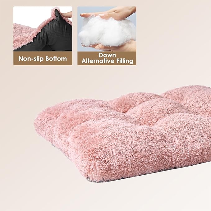 EHEYCIGA Fluffy Dog Crate Bed for Medium Dogs, Plush Faux Fur Dog Crate Pad, Calming Anti Anxiety Medium Dog Bed for Crate, Washable Soft Warm Dog Crate Mat with Non-Slip Bottom, Pink