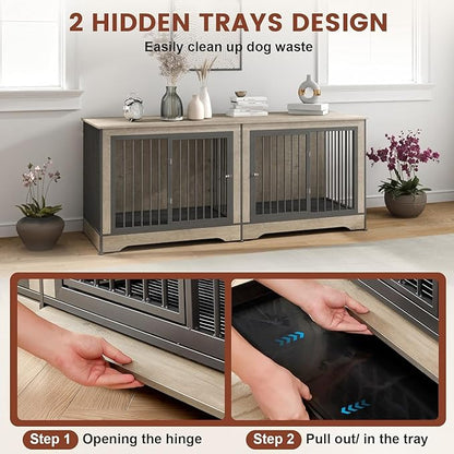 75 Inch Double Dog Crate Furniture, 3 in 1 Dog Cage for Large Dogs, Durable Grey TV Stand Dog Crate with Trays and Divider, Double Dog Kennel for 2 Dogs