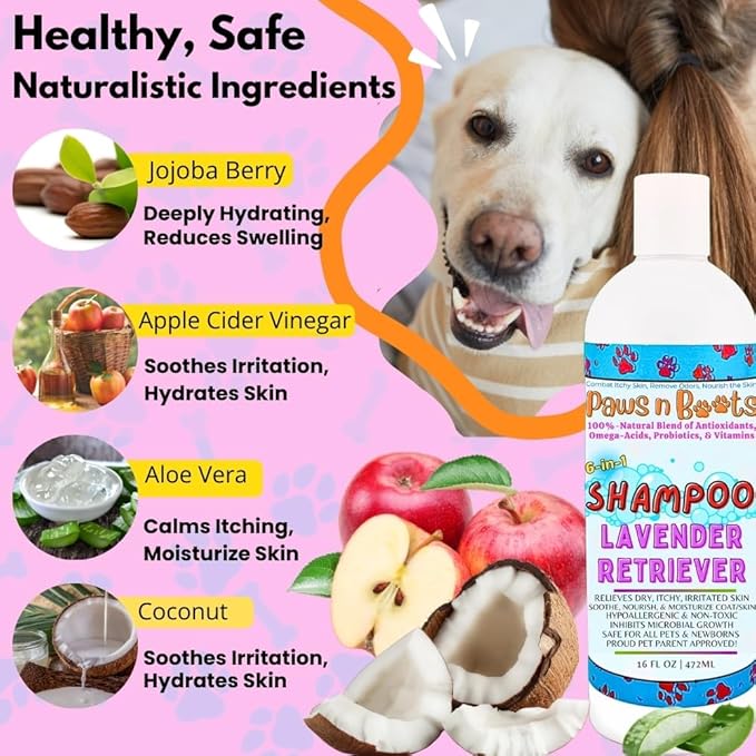 6-in-1 Dog Shampoo - Fast Relief for Allergies, Dry, Itchy, Skin. Premium & Beneficial Ingredients to Repair and Nourish The Skin/Coat. 100% Natural, Organic, Plant-Based, Lavender-Retriever