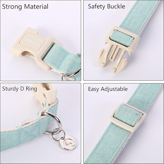 DOGWONG Cotton Hemp Dog Collar - Heavy-Duty Green Adjustable Soft Natural Fabric Pet Collar, Cute Wedding Puppy Necklace for Small Medium Large Dogs