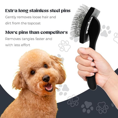Doodle Me This | Slicker Brush for Dogs. Ergonomic black brush with extra-long stainless steel pins, easy for dematting, detangling, Groom Like a Pro at Home dog brush for shedding.