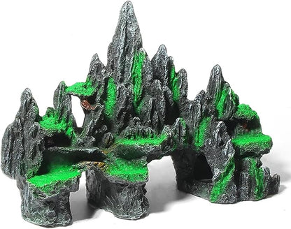 Large Fish Tank Decoration - Mountain View Aquarium Ornament with Tree House Cave Bridge Artificial Plastic Plants Large Fish Tank Decorations
