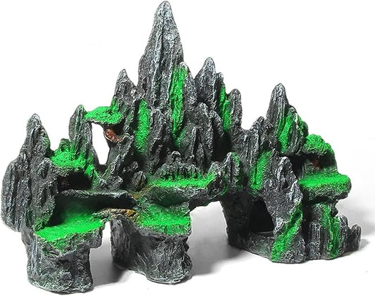 Large Fish Tank Decoration - Mountain View Aquarium Ornament with Tree House Cave Bridge Artificial Plastic Plants Large Fish Tank Decorations
