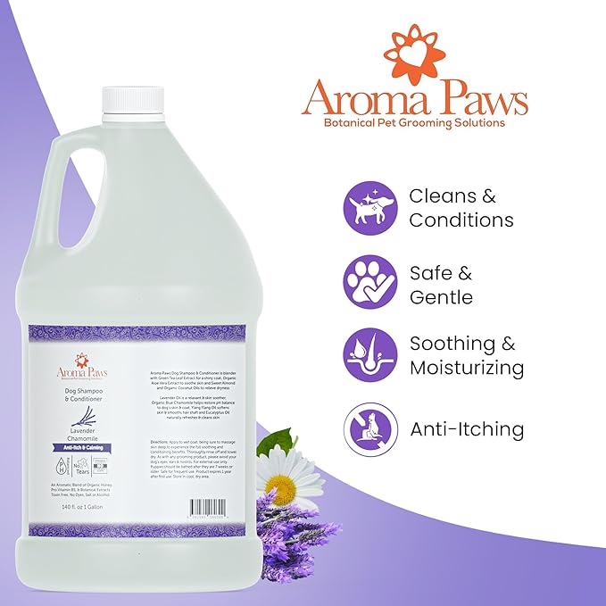 Dog Shampoo and Conditioner - Aromatic Tearless Shampoo for Cleansing, Grooming, and Conditioning - Moisturizing Shampoo for Dogs and Puppies - Lavender Chamomile, 1 Gallon