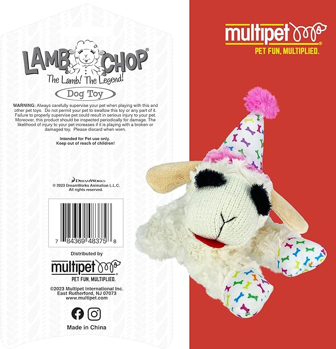 Multipet Lamb Chop Dog Plush Toy w/Birthday Hat - Squeaky Dog Toy for All Dogs - Soft Plush Dog Toy - Stuffed Animal Dog Toy for Playing - Cute Dog Birthday Toy (10.5, Pink Hat, 5 Squeakers)