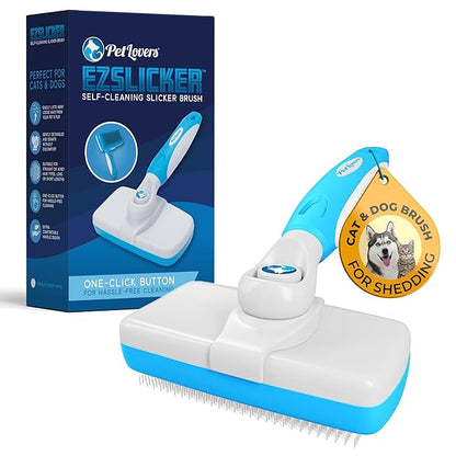 PetLovers EzSlicker Self-Cleaning Brush - Dog Brush for Shedding, Gentle Slicker Brush for Cats, Tangle-Free Grooming Comb with Soft Bristles & Ergonomic Handle for Stress-Free Grooming