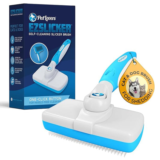 PetLovers EzSlicker Self-Cleaning Brush - Dog Brush for Shedding, Gentle Slicker Brush for Cats, Tangle-Free Grooming Comb with Soft Bristles & Ergonomic Handle for Stress-Free Grooming