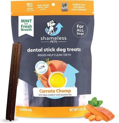 Shameless Pets Dental Treats for Dogs, Carrate Chomp - Healthy Dental Sticks with Skin & Coat Support for Teeth Cleaning & Fresh Breath - Dog Bones Dental Chews Free from Grain, Corn & Soy