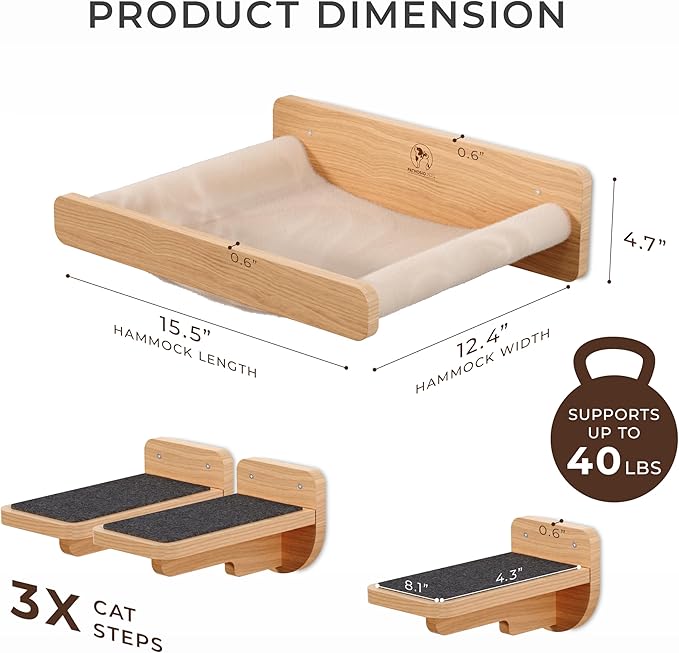 Space-Saving Cat Wall Shelves – Interactive Cat Wall Climber with Hammock & Dog Proof Feeding Station for All Indoor Breeds – Solid Natural Wood with Gray Carpet